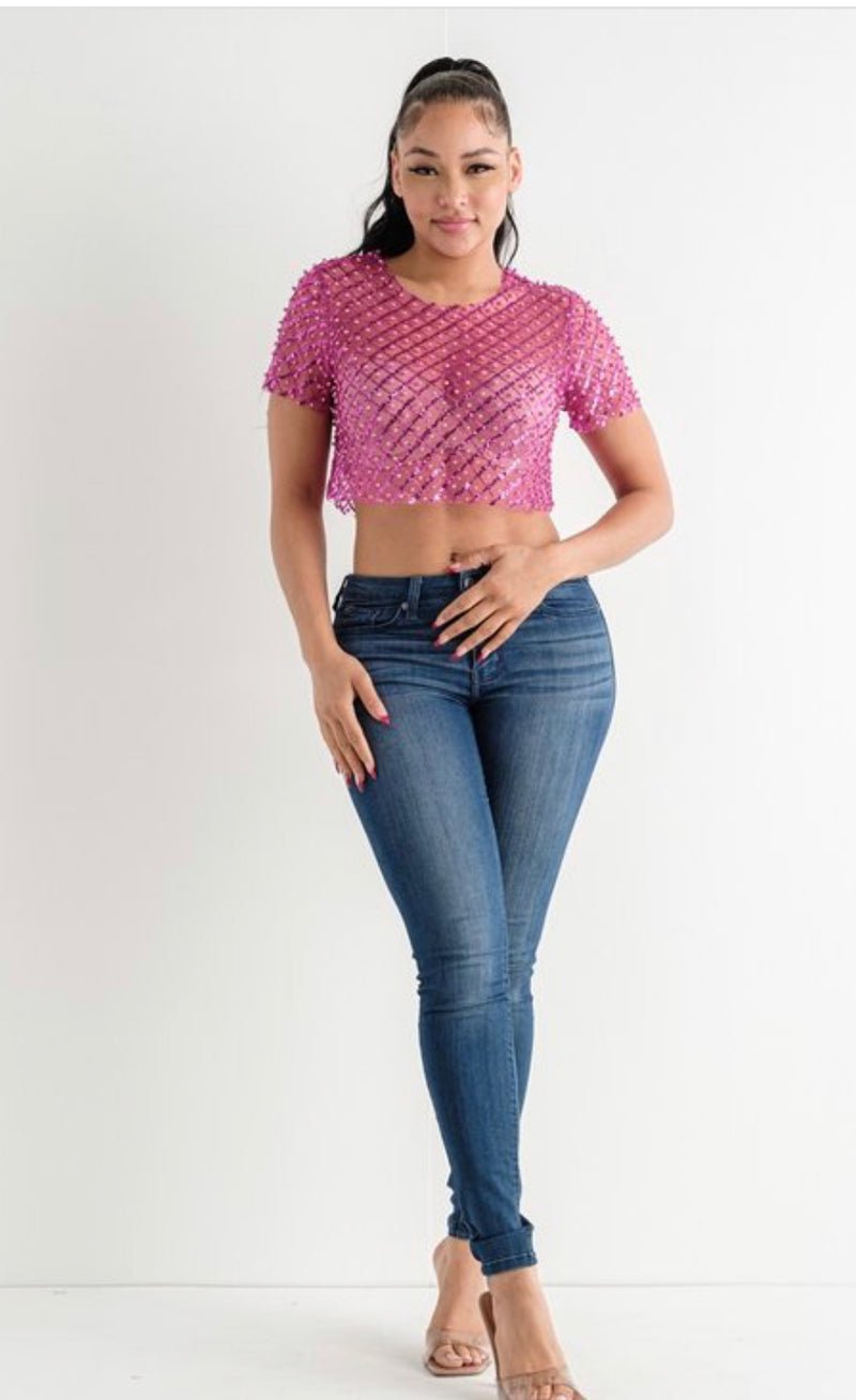 Mesh Crop Top with Pearl Beaded Sequin Detail