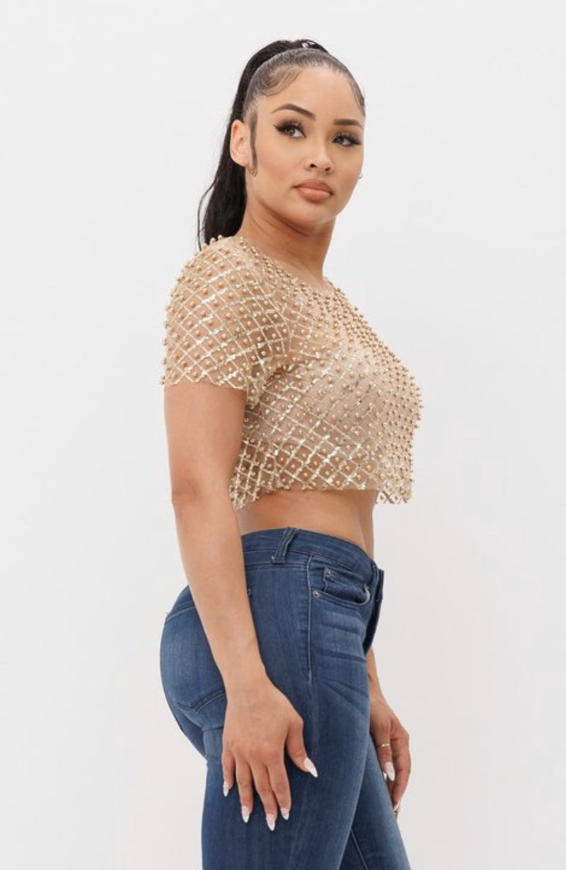 Pearl Beaded Mesh Crop Top with Sequin Detail - Short Sleeve