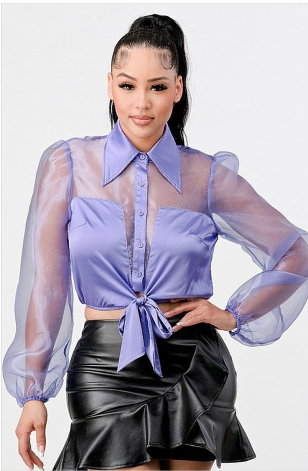 Lux Organza Satin Collared Cropped Shirt – Sheer Button-Down