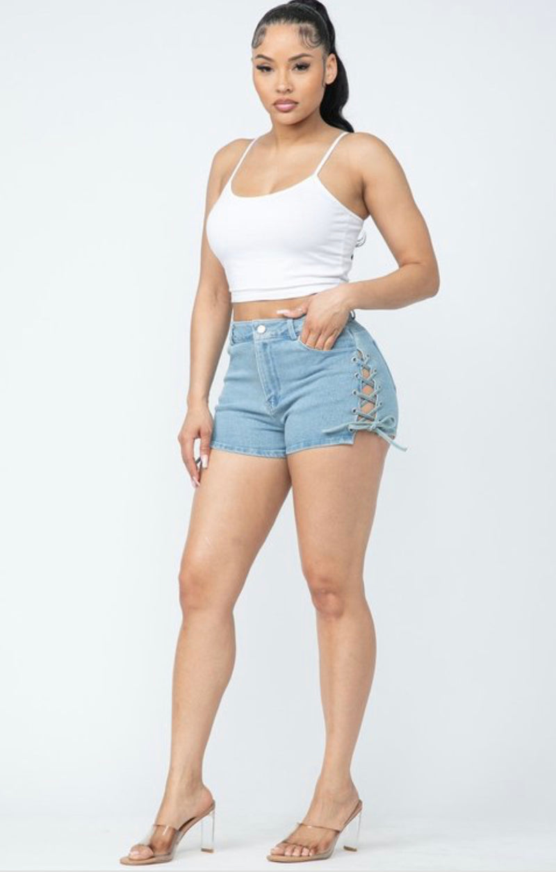 Denim Shorts with Side Lace-Up Detail