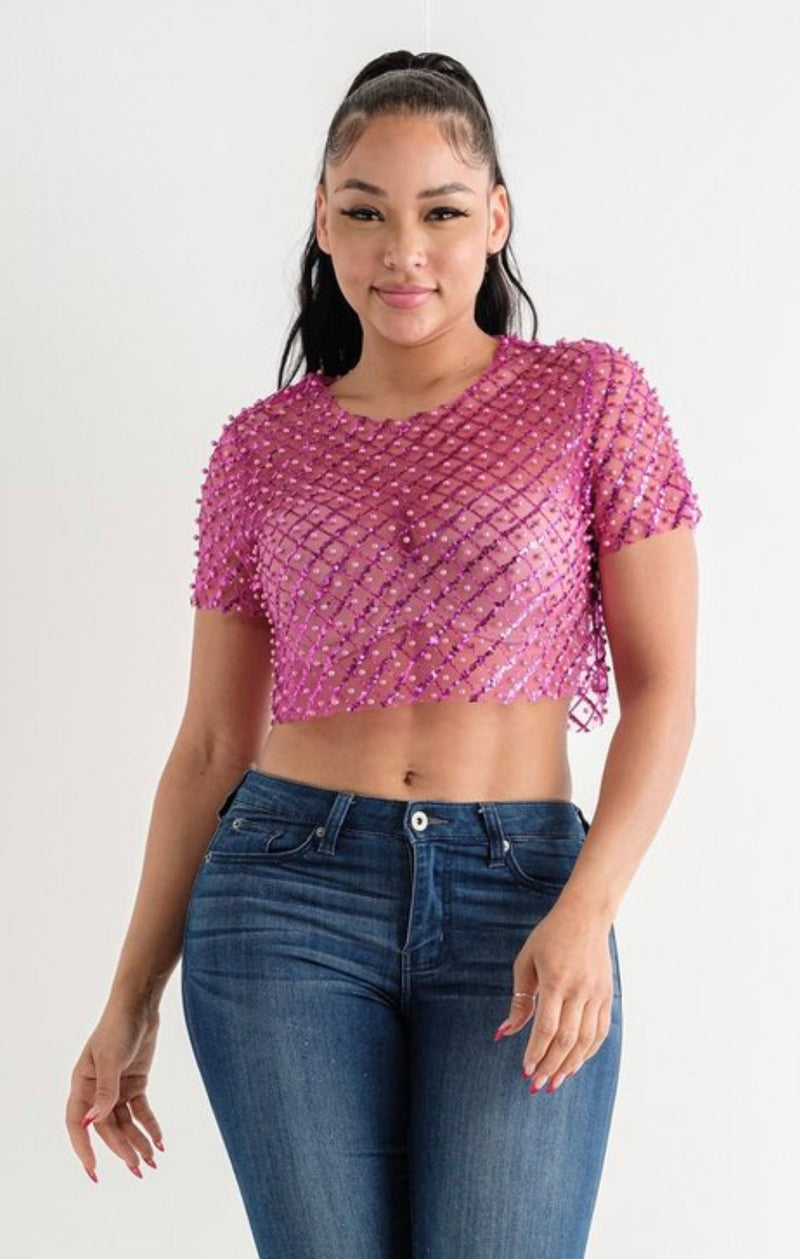 Mesh Crop Top with Pearl Beaded Sequin Detail