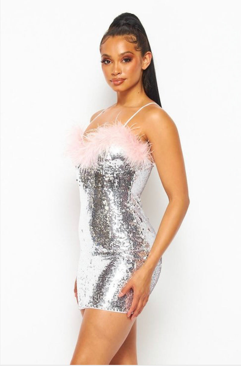 No-Sleeve Mini Sequin Dress with Feather Hem Detail - Glamorous Design