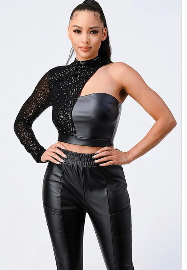 Sequins One-Shoulder PU Crop Top