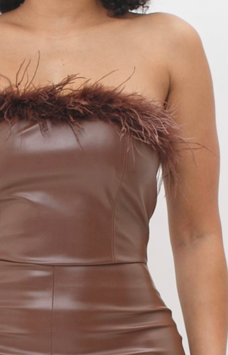 Sleeve PU Leather Jumpsuit with Feather Hem Detail - Chic Style