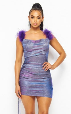 Sexy Glam Mini Dress with Cowl Neck and Feather Trim