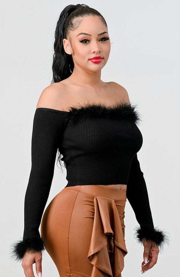 Fur Rib Knit Off-Shoulder Crop Top