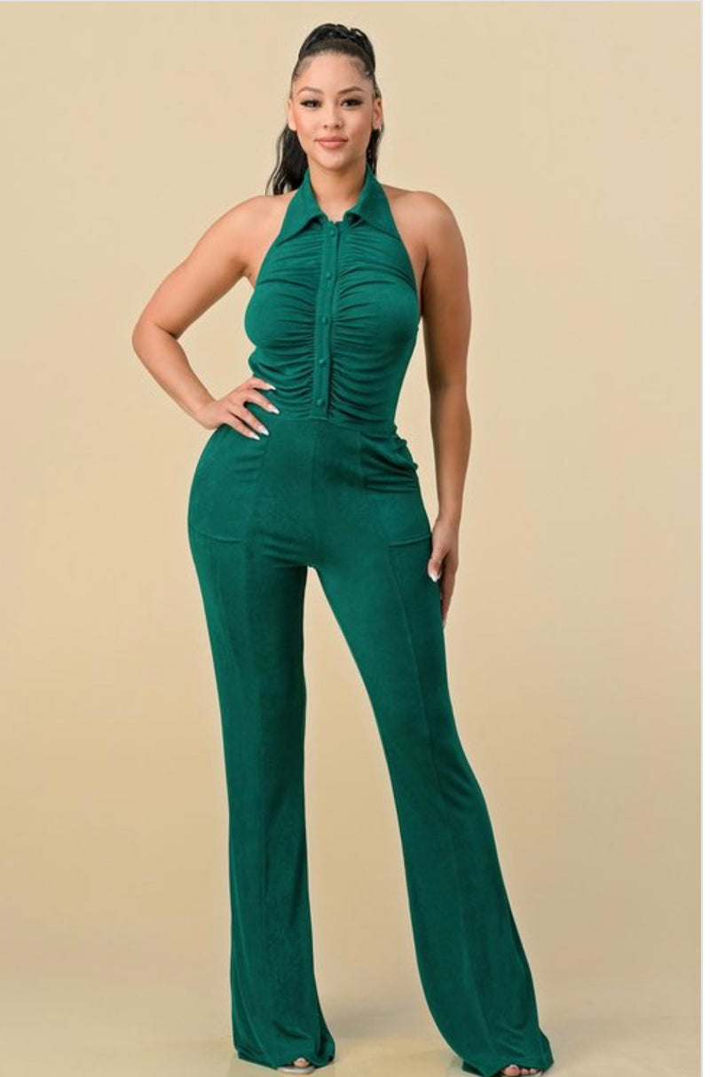 Exotic V-Neck Jumpsuit in 95% Polyester Blend