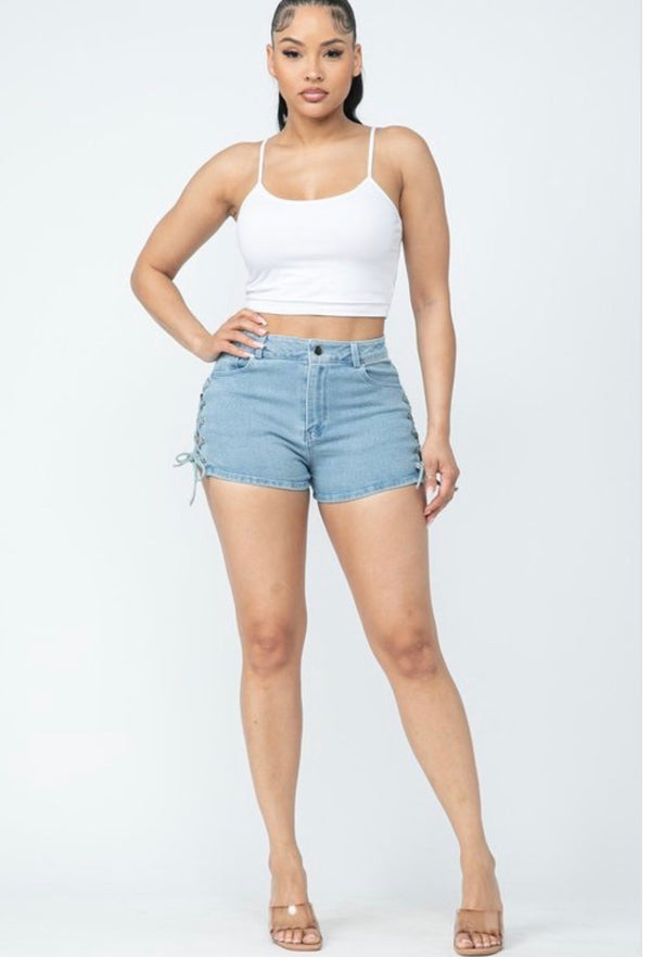 Denim Shorts with Side Lace-Up Detail