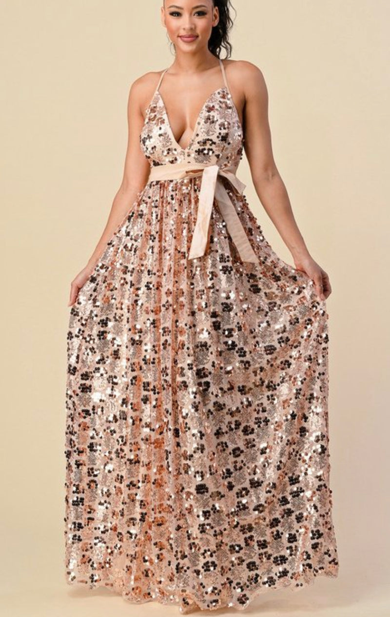 Sequin Maxi Dress with Plunging Neckline - Elegant and Glamorous