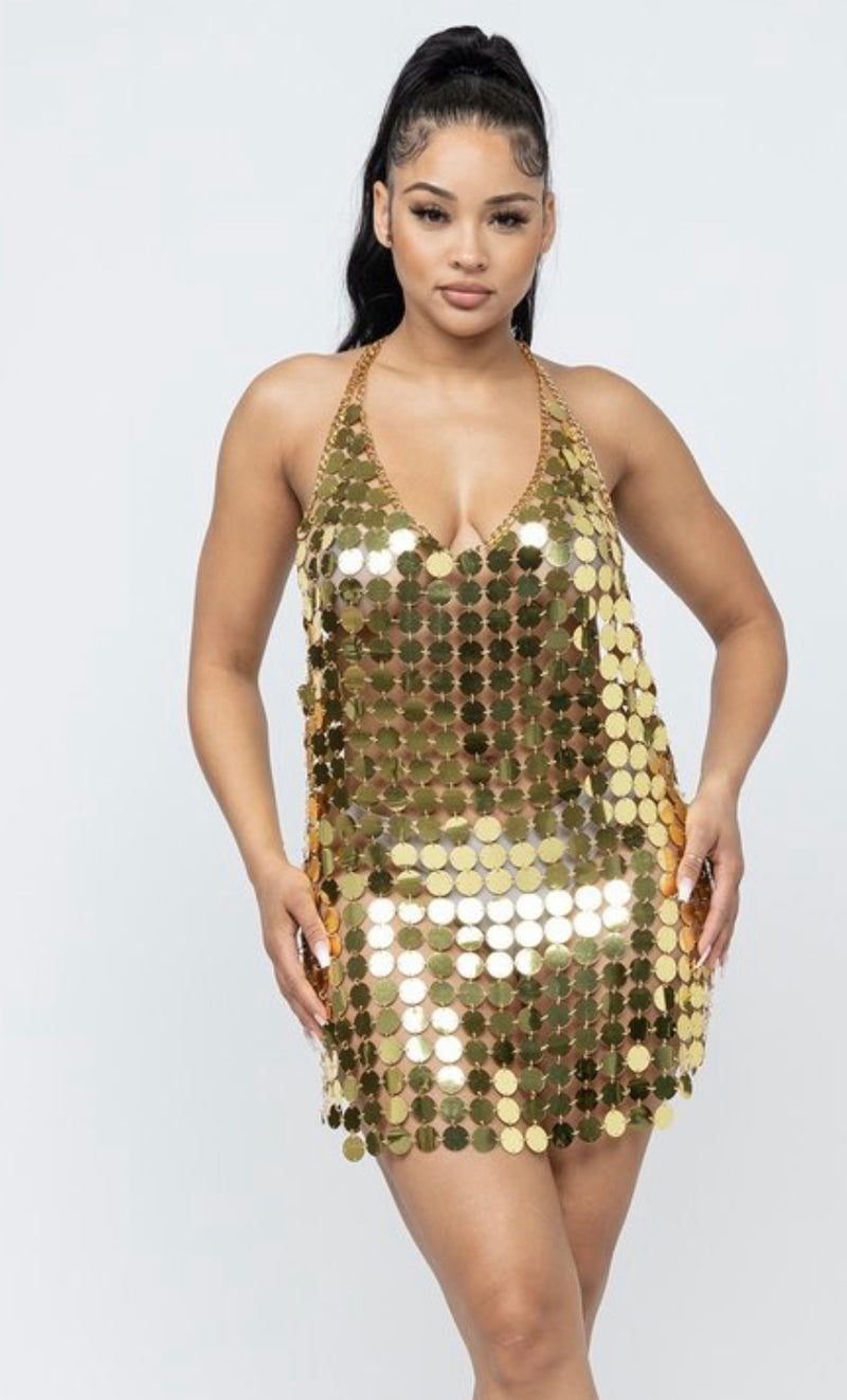 Disc Chainmail Sequin Halter Mini Dress - Open Back and Tie Detail