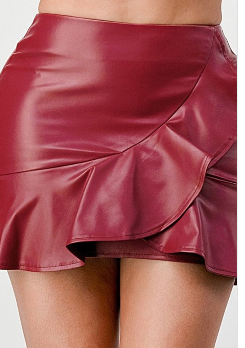 High-Gloss Ruffled Mini Skirt with Wrap Design