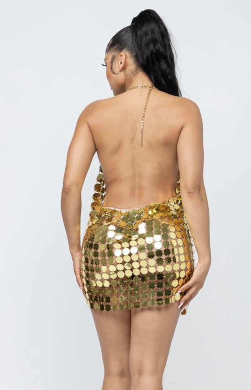 Disc Chainmail Sequin Halter Mini Dress - Open Back and Tie Detail