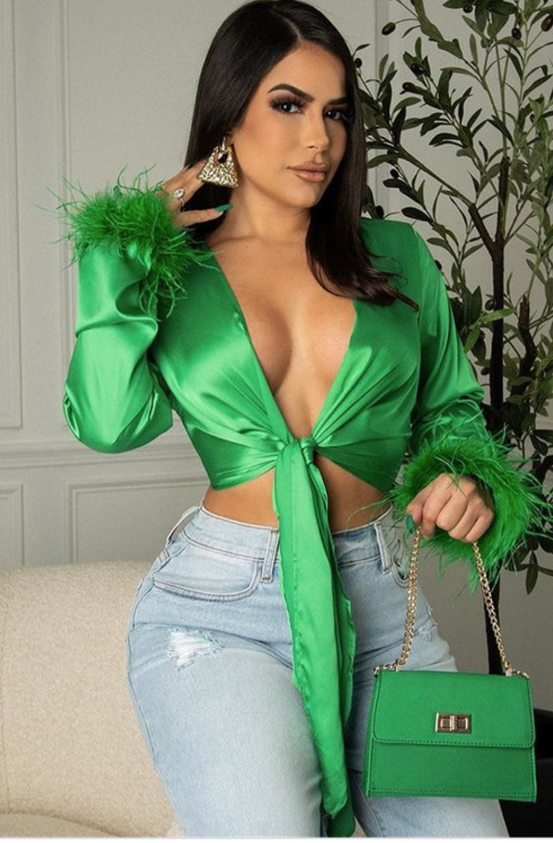 V-Neck Tie Front Feather Sleeve Faux Fur Crop Top