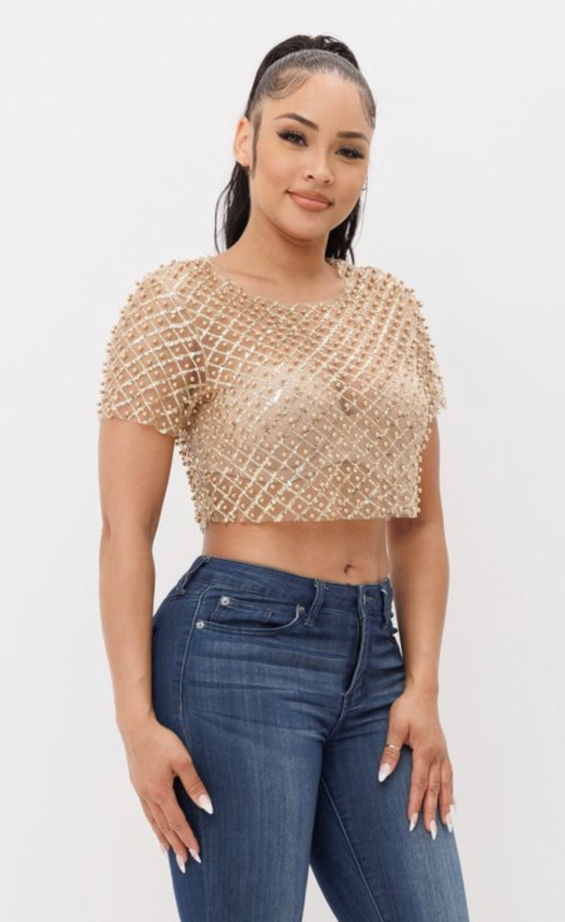 Pearl Beaded Mesh Crop Top with Sequin Detail - Short Sleeve