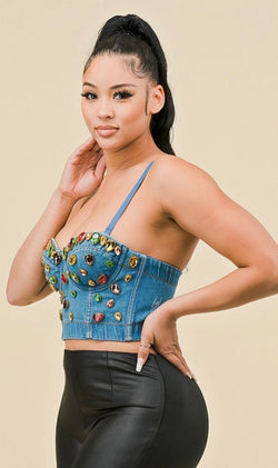 Denim Bustier with Multi-Color Stones – Cotton Blend