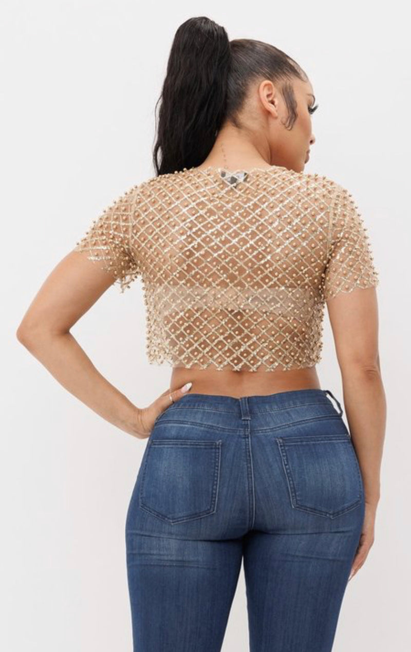 Pearl Beaded Mesh Crop Top with Sequin Detail - Short Sleeve