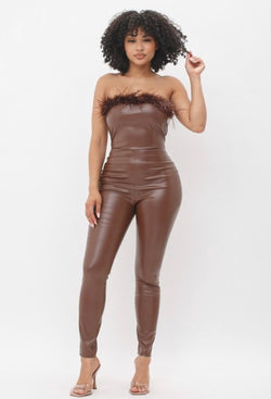 Sleeve PU Leather Jumpsuit with Feather Hem Detail - Chic Style