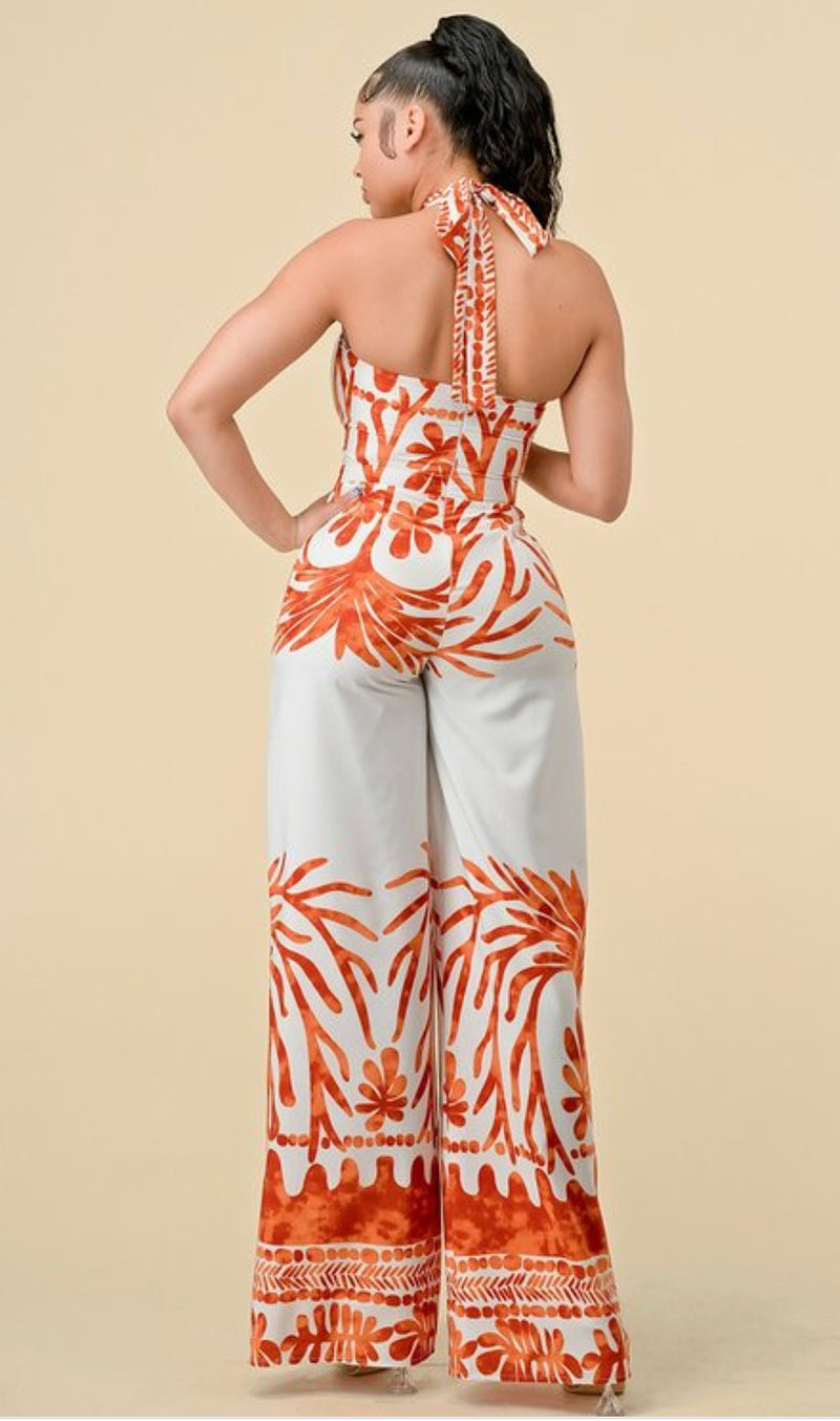 Front Tie Border Print Jumpsuit