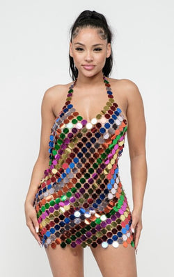 Multi-Color Disc Chainmail Sequin Halter Mini Dress - Open Back