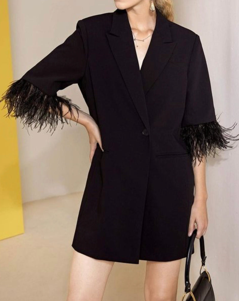 Lapel Collar Single Button Blazer Dress with Fuzzy Cuffs - Chic Style