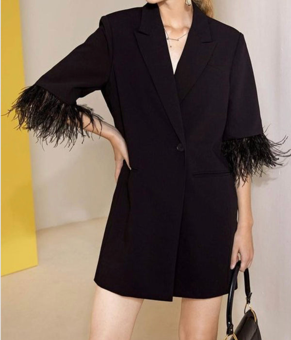 Lapel Collar Single Button Blazer Dress with Fuzzy Cuffs - Chic Style