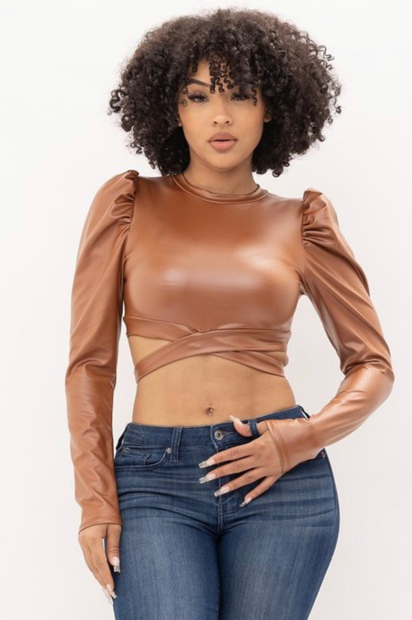 PU Leather Criss-Cross Crop Top with Gigot Sleeves