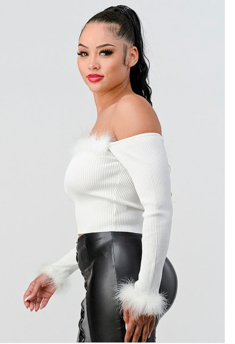 Off-Shoulder Fur Rib Knit Crop Top