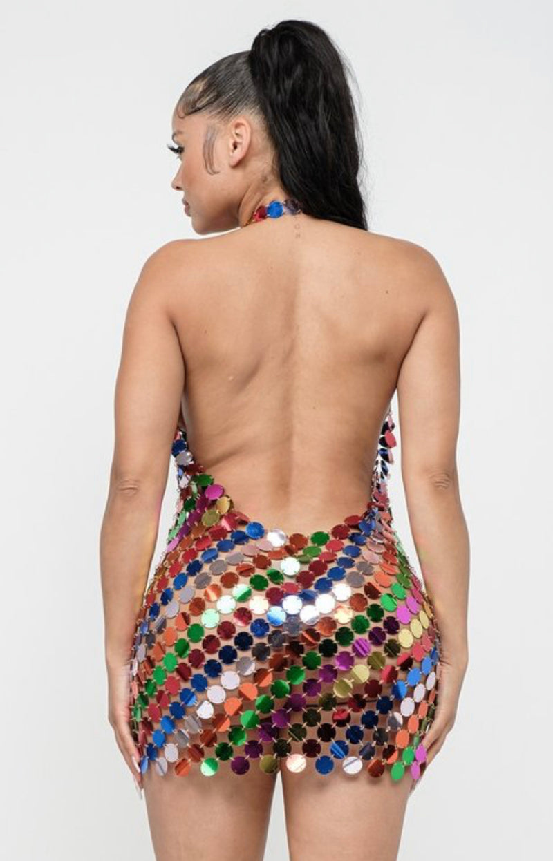 Multi-Color Disc Chainmail Sequin Halter Mini Dress - Open Back