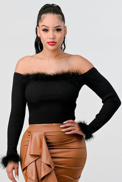 Fur Rib Knit Off-Shoulder Crop Top